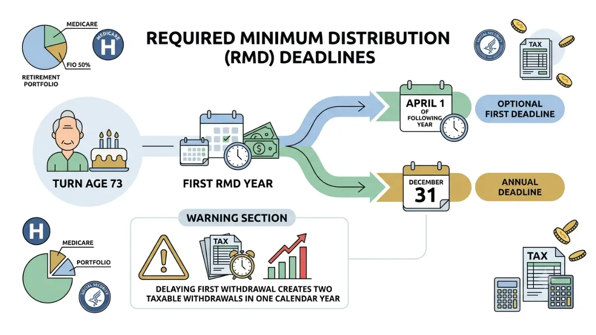 RMD Rules timeline comparing the April 1 first-year deadline with the December 31 annual deadline and explaining how delaying withdrawals may create a larger tax bill.