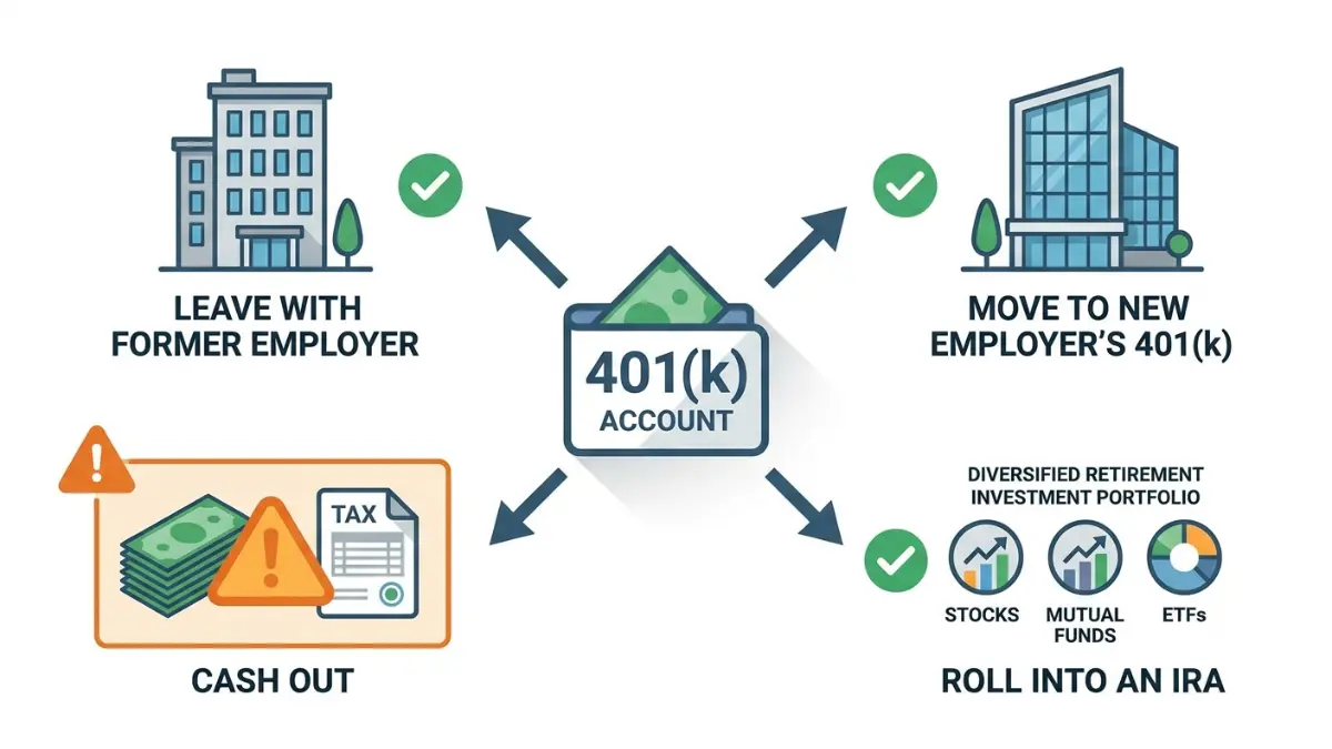 rollover 401k to ira comparison showing the four available options for an old 401(k) including leaving the plan moving to a new employer rolling into an IRA or cashing out