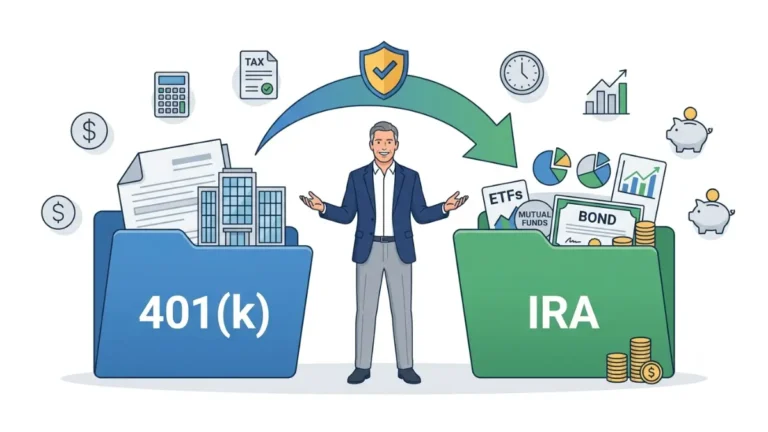 rollover 401k to ira illustrated with a direct transfer from an employer 401(k) retirement account to an IRA investment account showing a tax-free retirement savings move