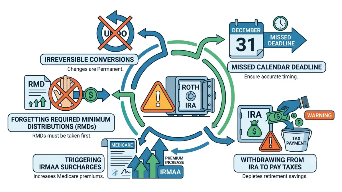 Roth Conversion Deadline infographic highlighting the five most common mistakes investors make before completing a Roth conversion