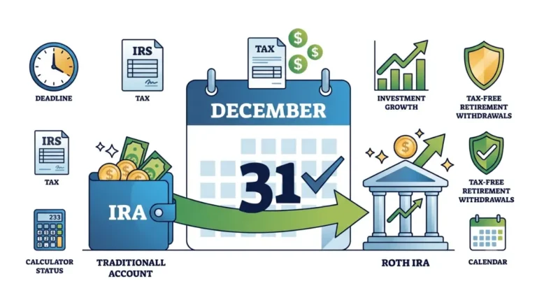 Roth Conversion Deadline illustrated with a Traditional IRA converting into a Roth IRA before the December 31 deadline on a professional financial vector infographic