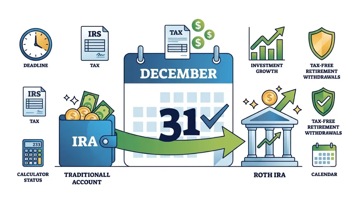 Roth Conversion Deadline illustrated with a Traditional IRA converting into a Roth IRA before the December 31 deadline on a professional financial vector infographic