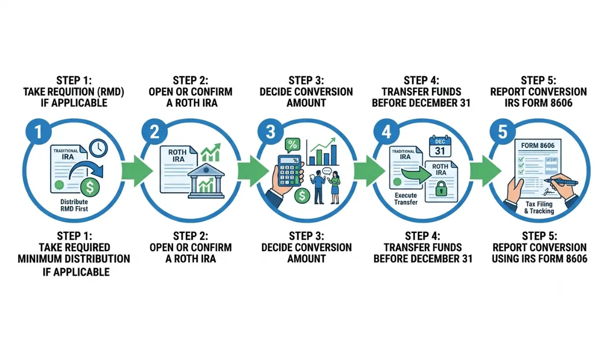 Roth Conversion Deadline step-by-step workflow illustrating the complete Roth conversion process before December 31