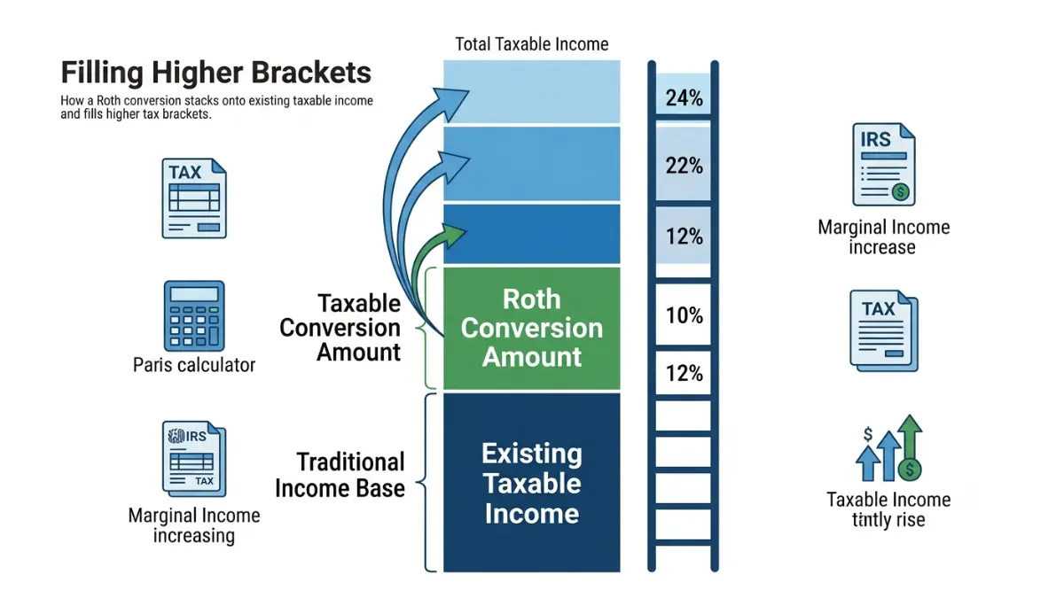 Roth Conversion Deadline infographic showing how conversion income stacks on top of taxable income across federal tax brackets