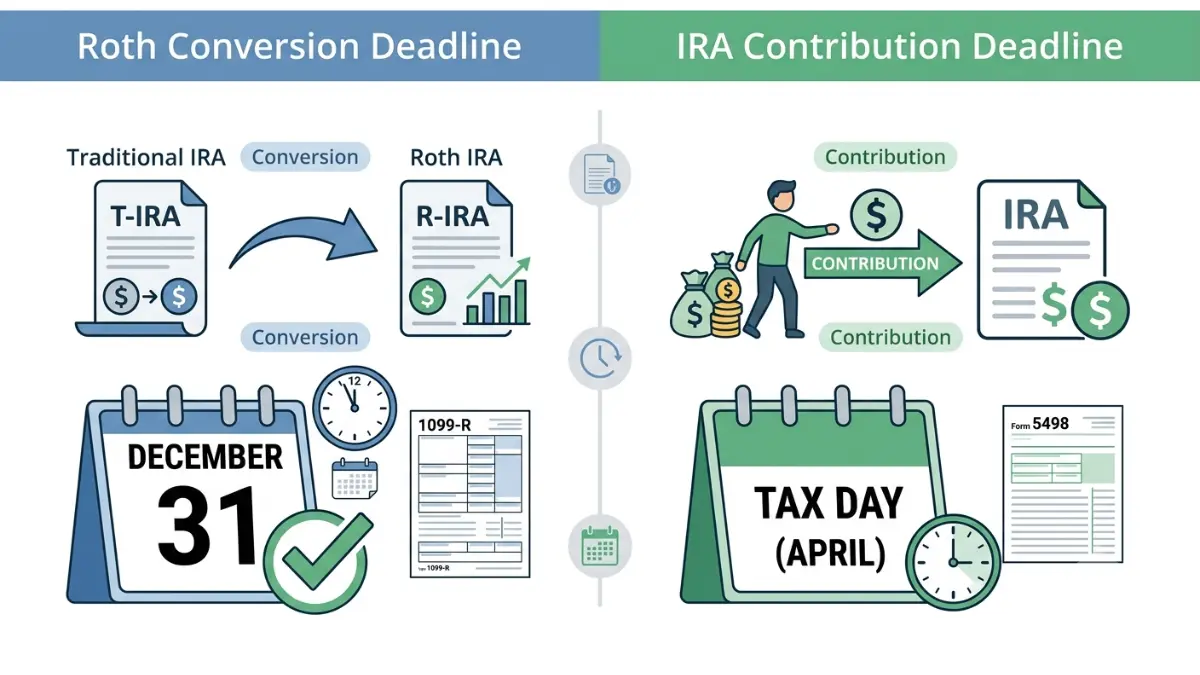 Roth Conversion Deadline compared with the IRA contribution deadline using side-by-side calendars and retirement account illustrations