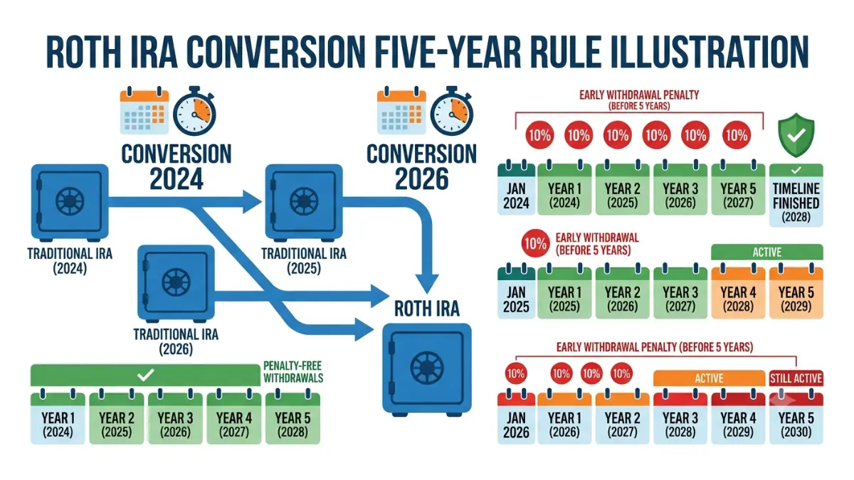 Roth IRA 5-Year Rule showing multiple Roth conversion clocks with separate five-year timelines for each conversion