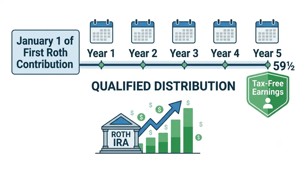 Roth IRA 5-Year Rule timeline showing how the earnings clock begins with the first Roth IRA contribution and leads to tax-free qualified distributions