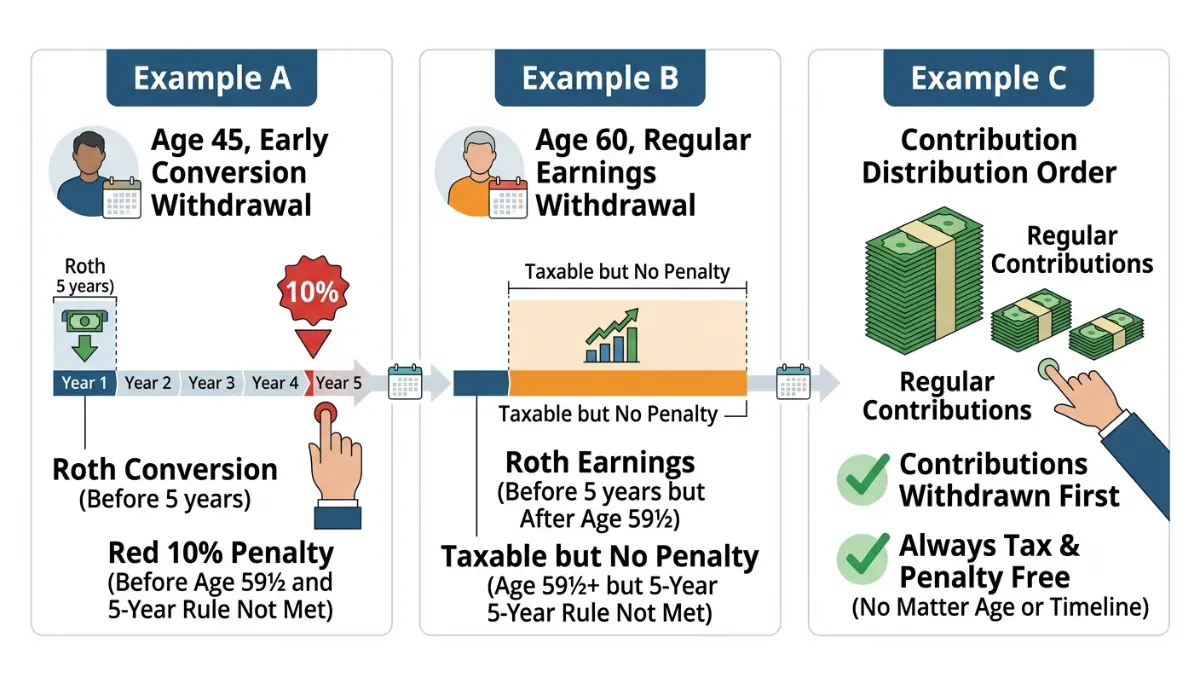 Roth IRA 5-Year Rule illustrated through real-life examples comparing early Roth conversions, tax-free contributions, and qualified earnings withdrawals