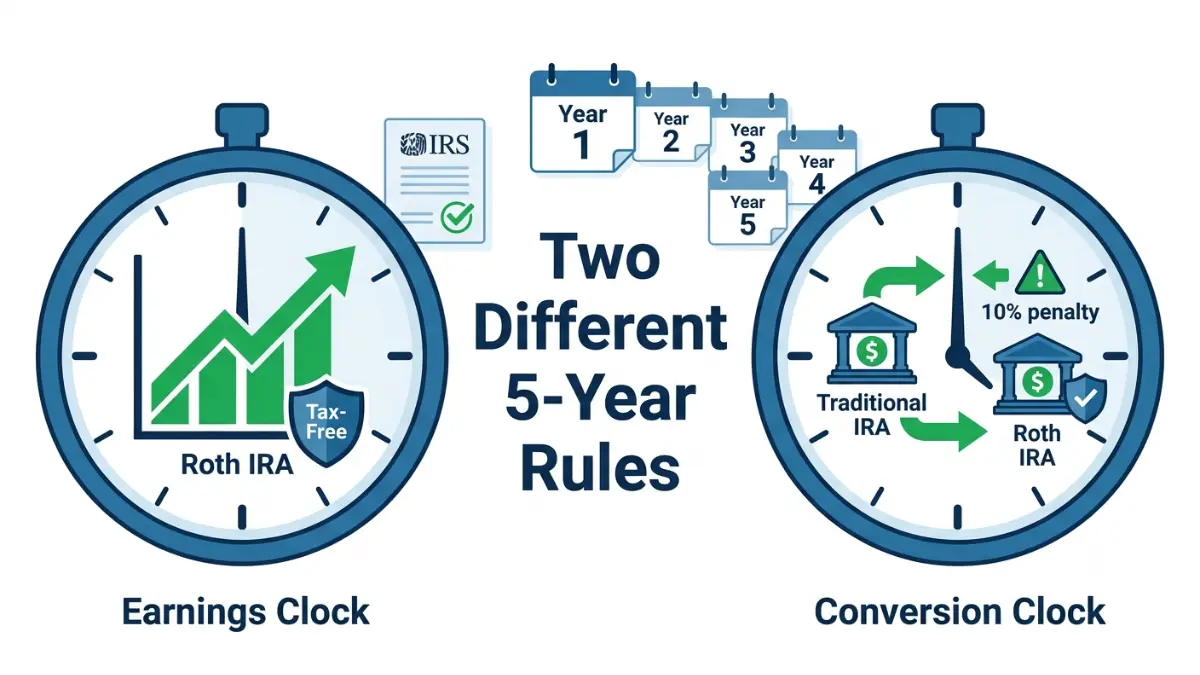 Roth IRA 5-Year Rule explained with two separate five-year clocks for tax-free earnings and Roth conversions in a financial vector illustration