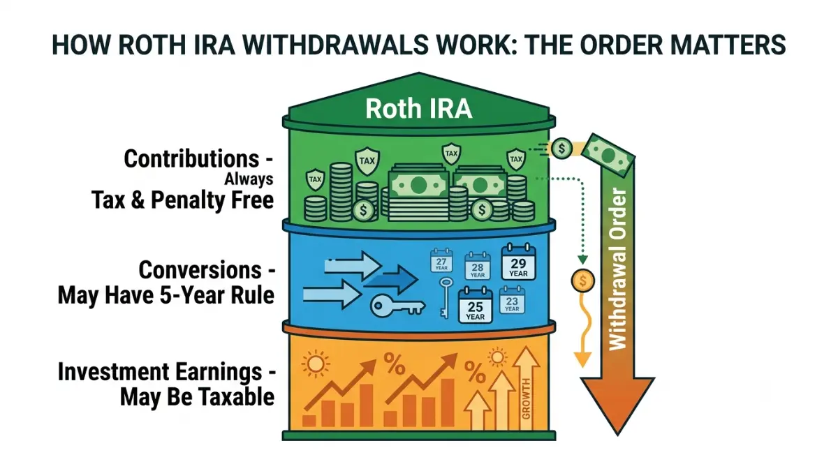 Roth IRA 5-Year Rule illustrating the IRS withdrawal order of contributions, conversions, and investment earnings