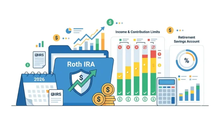 Roth IRA income limits 2026 vector illustration showing contribution eligibility zones, retirement savings dashboard, and tax-free investing concept