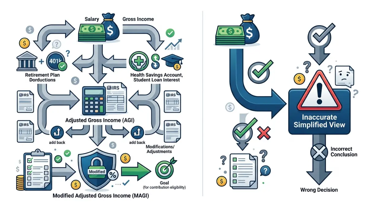 Roth IRA MAGI versus gross income vector illustration explaining AGI, deductions, and eligibility calculations