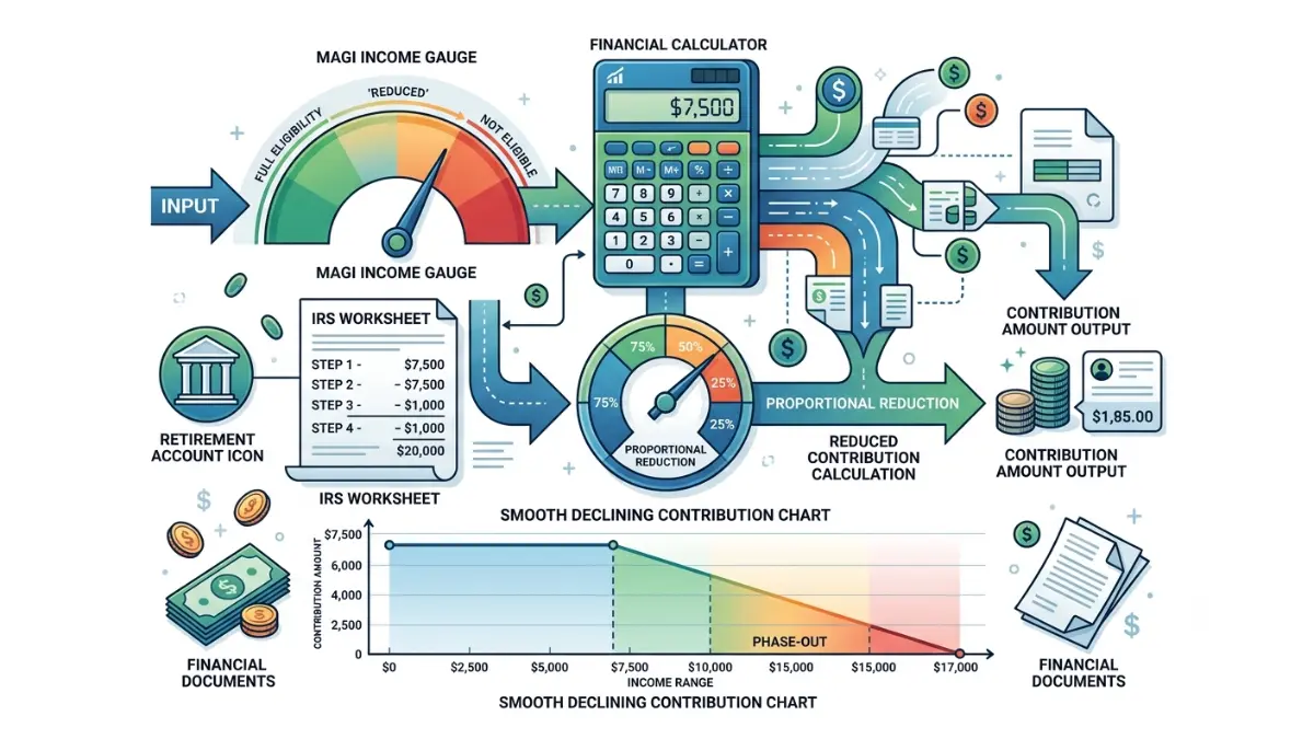 Roth IRA reduced contribution calculation vector illustration using MAGI, IRS worksheet, and contribution formula concept