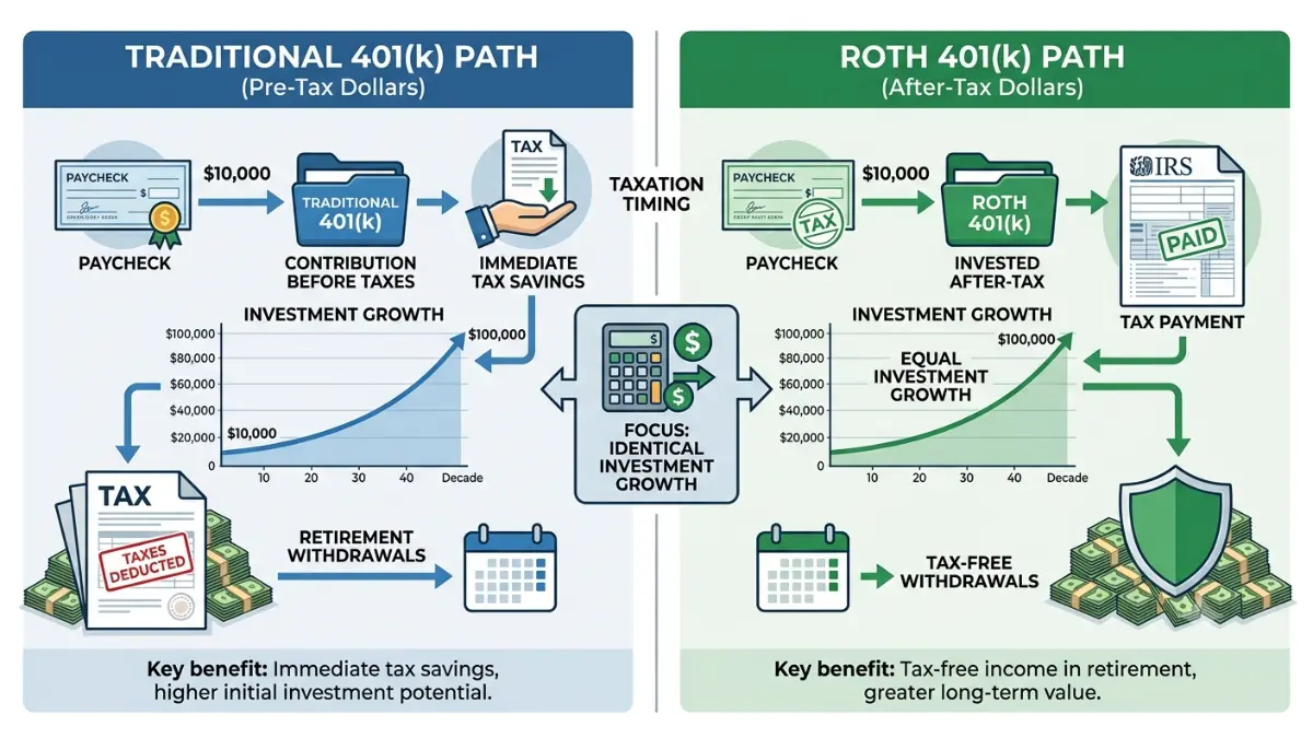 Roth vs Traditional 401(k) $10,000 contribution example comparing tax savings today versus tax-free retirement withdrawals