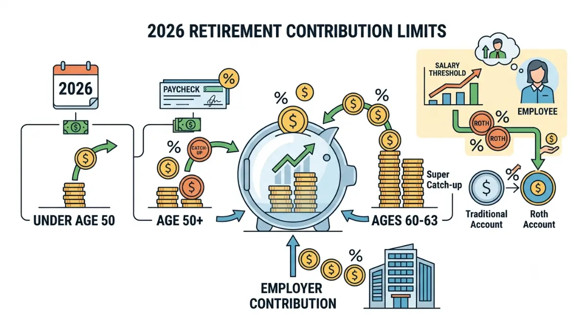 Roth vs Traditional 401(k) 2026 contribution limits and Roth catch-up contribution rules illustrated with retirement savings dashboard