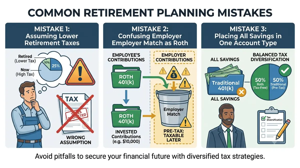 Roth vs Traditional 401(k) common retirement planning mistakes including tax assumptions employer match and account diversification