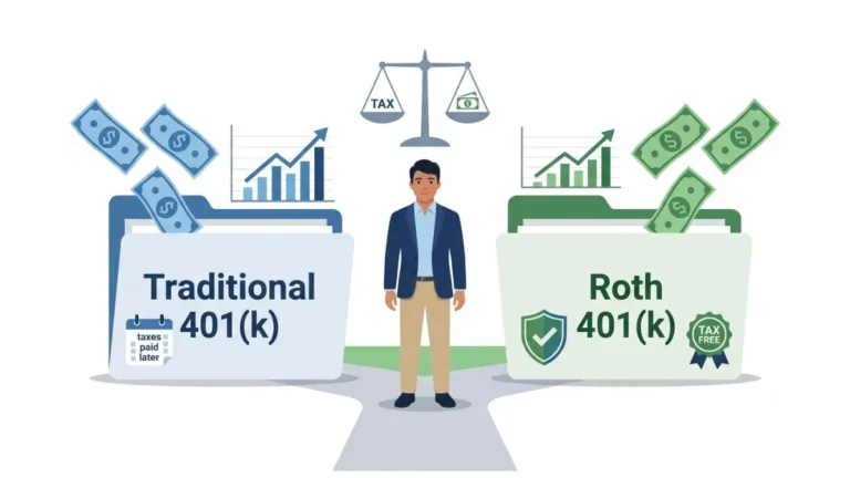 Roth vs Traditional 401(k) comparison showing pre-tax vs after-tax retirement savings decision with identical investment growth