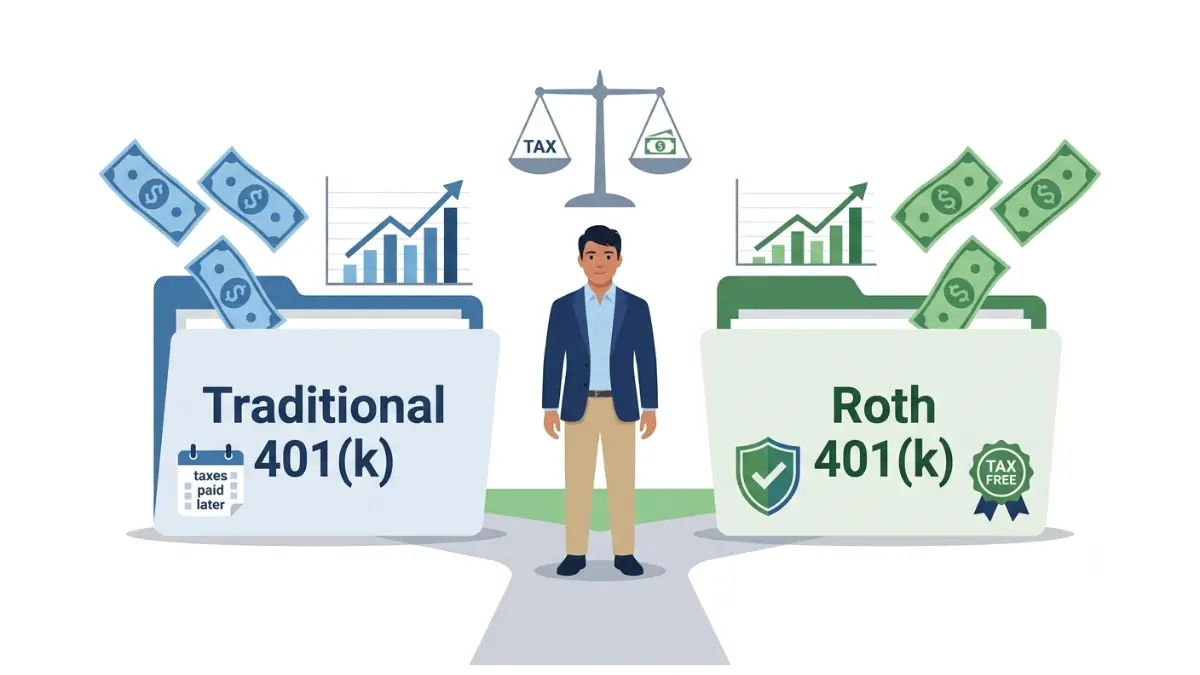 Roth vs Traditional 401(k) comparison showing pre-tax vs after-tax retirement savings decision with identical investment growth