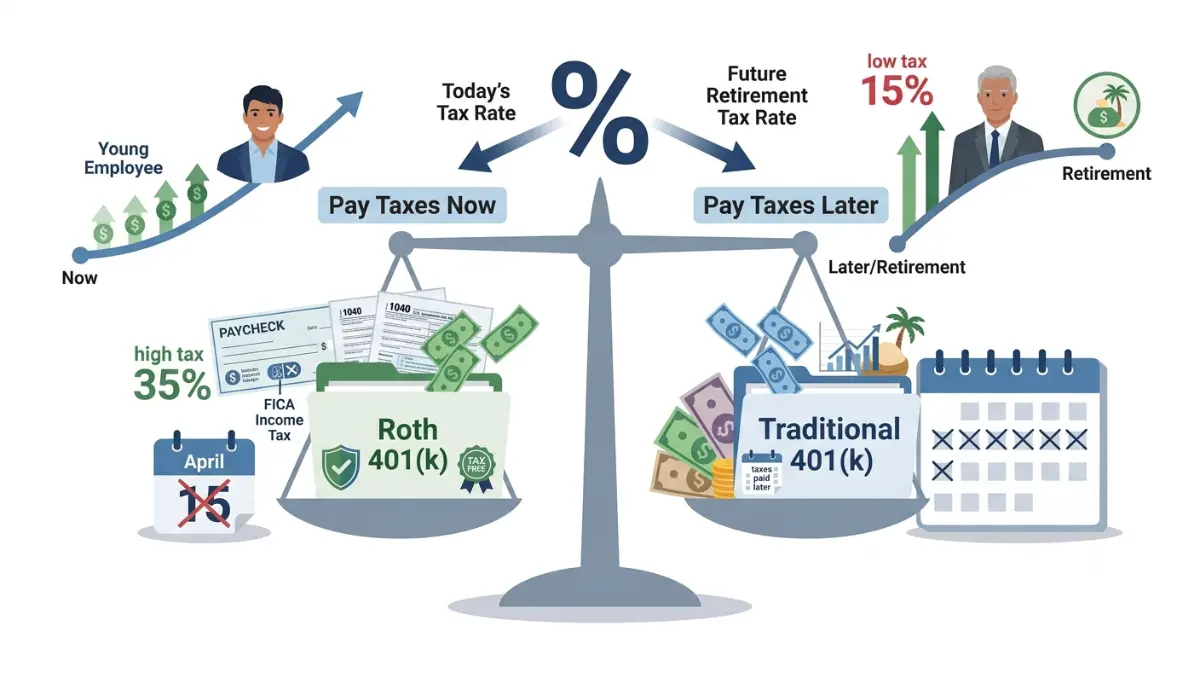 Roth vs Traditional 401(k) tax rate comparison illustrating paying taxes now versus paying taxes in retirement