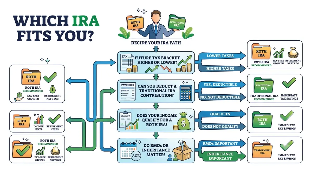 Roth vs Traditional IRA decision tree helping investors choose the right retirement account