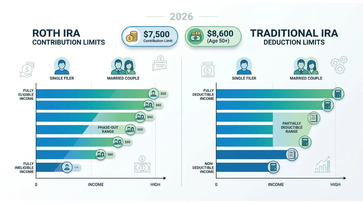 Roth vs Traditional IRA 2026 income limits and contribution phase-out comparison chart