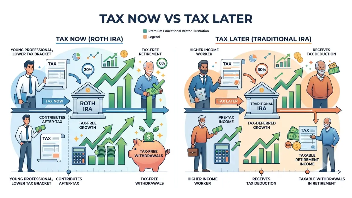 Roth vs Traditional IRA tax bracket comparison explaining tax now versus tax later strategy