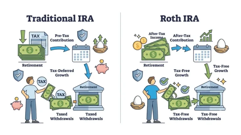 Roth vs Traditional IRA comparison showing tax now vs tax later with retirement savings illustration