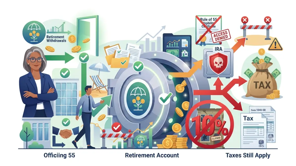 rule of 55 illustration highlighting common mistakes like IRA rollovers, old 401(k) accounts, and taxable lump-sum withdrawals