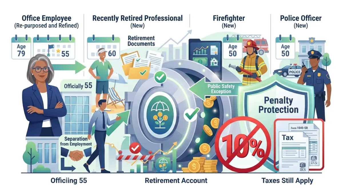 rule of 55 eligibility illustration showing qualifying workers, public safety employees, and eligible retirement accounts