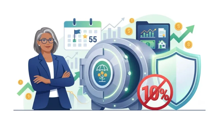 rule of 55 illustration showing a worker accessing a 401(k) after leaving a job at age 55 without the 10% early withdrawal penalty