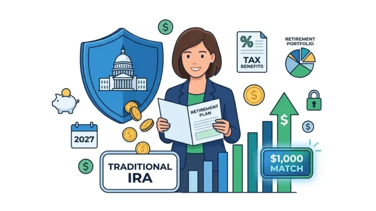 Saver's Match illustration showing the U.S. government depositing up to $1,000 into a retirement account for eligible savers in 2027