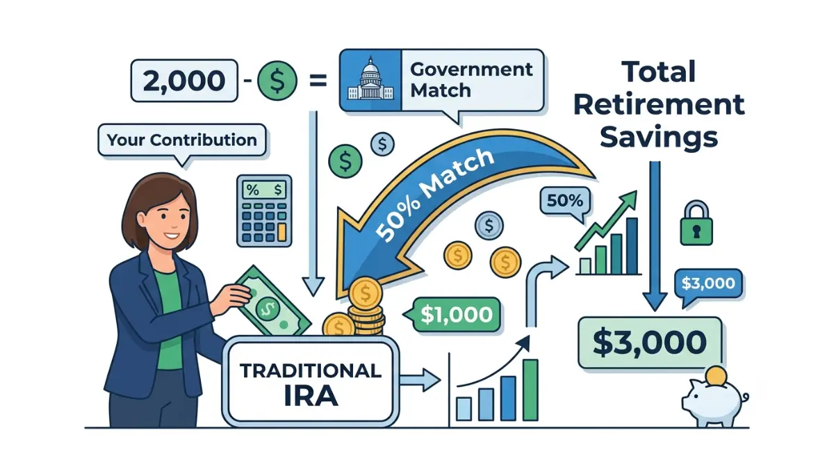 Saver's Match diagram illustrating a 50 percent government match on eligible retirement contributions up to the annual maximum