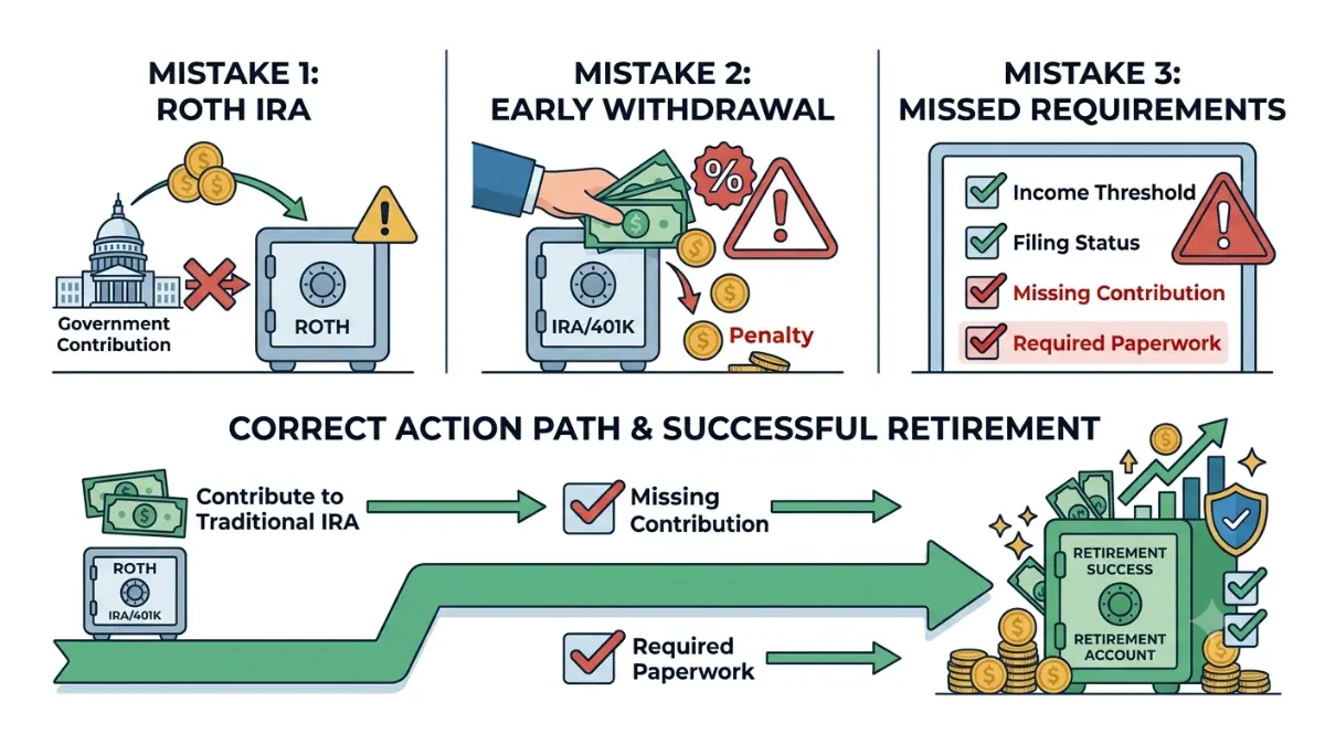 Saver's Match illustration highlighting common mistakes including Roth account issues, early withdrawals, and eligibility errors