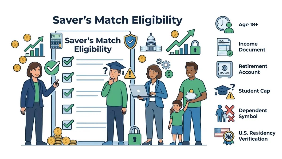 Saver's Match eligibility checklist illustration explaining age, income, student status, dependency, and qualifying retirement account requirements