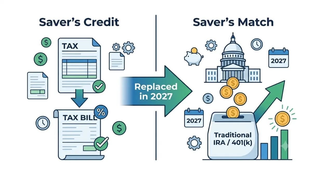 Saver's Match comparison illustration showing how the new government retirement contribution differs from the former Saver's Credit