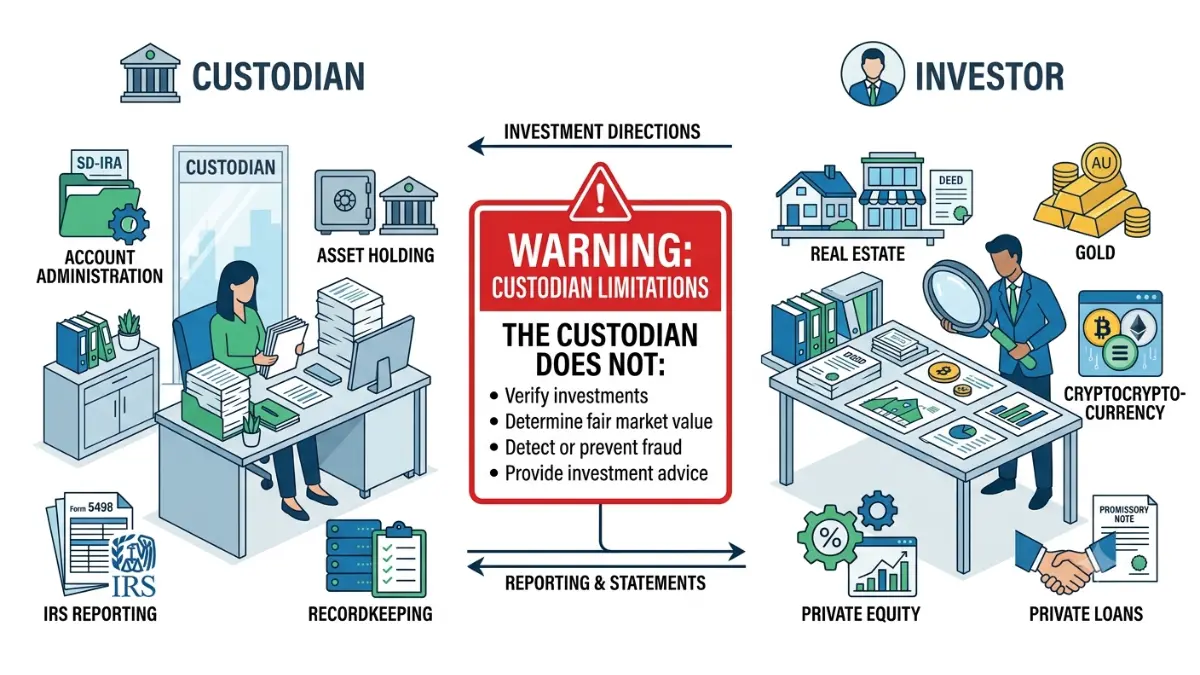 Professional self-directed IRA vector illustration explaining custodian responsibilities versus investor due diligence and investment verification