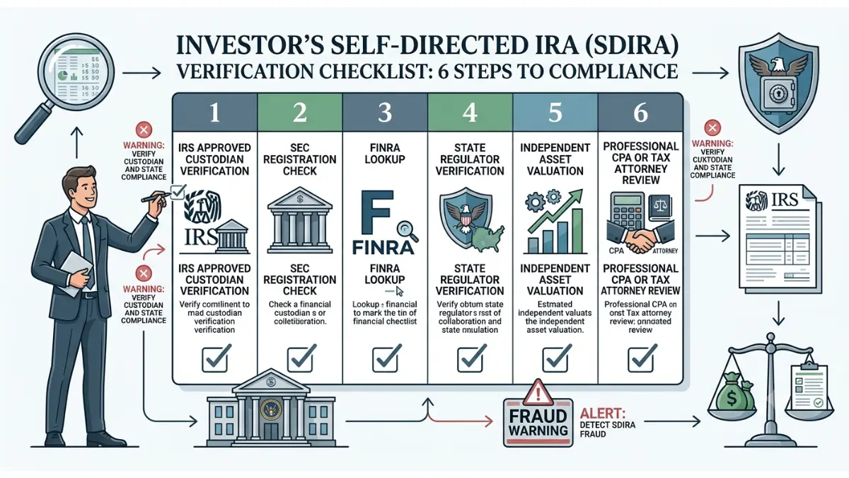 Professional self-directed IRA verification checklist vector illustration showing IRS, SEC, FINRA, valuation, and due diligence steps