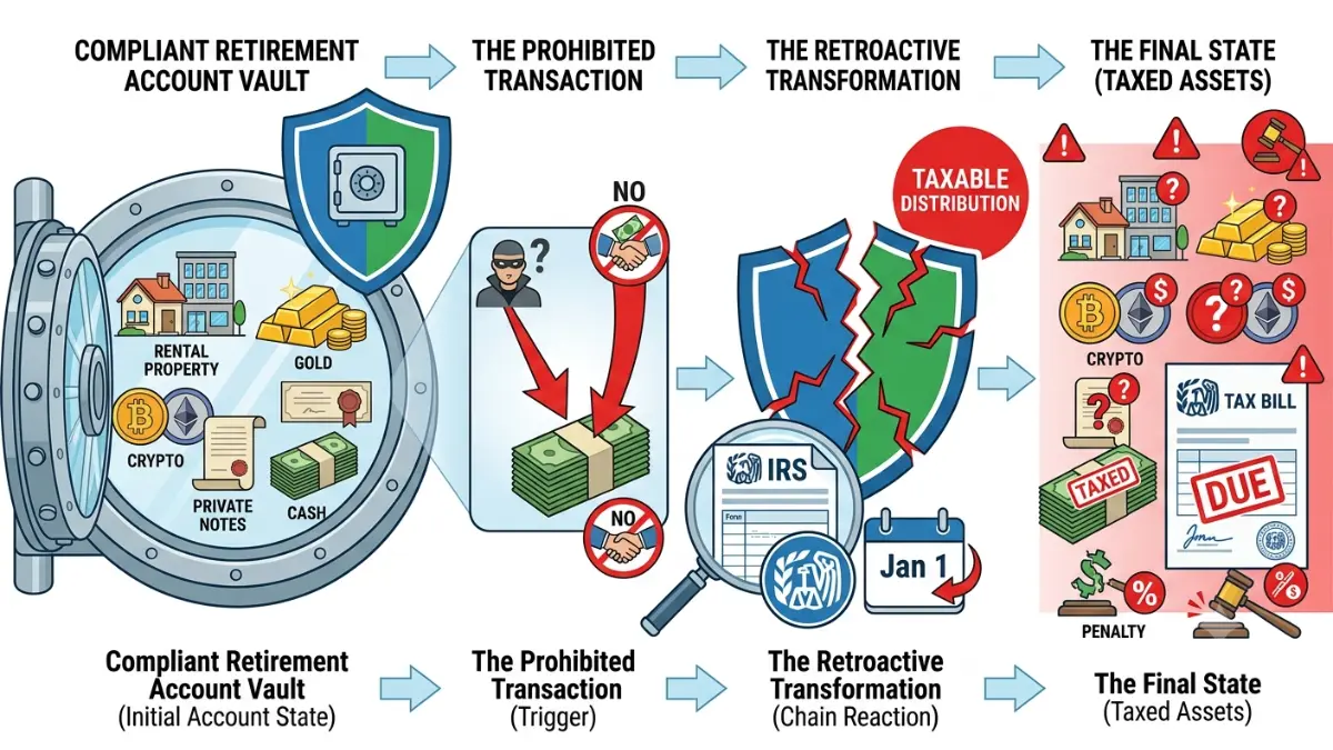 Educational self-directed IRA vector illustration showing how one prohibited transaction can disqualify an entire retirement account