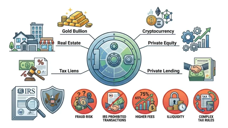 self-directed IRA investment overview showing alternative assets, IRS compliance risks, prohibited transactions, and fraud awareness in a professional financial vector illustration