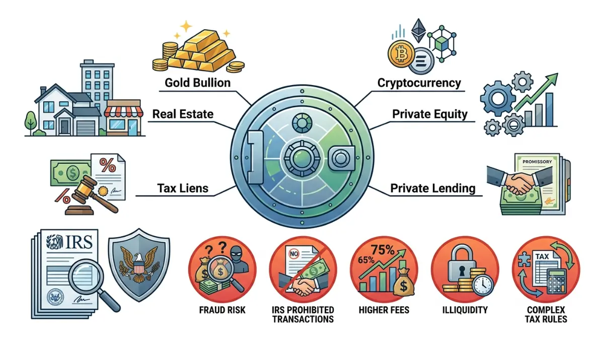 self-directed IRA investment overview showing alternative assets, IRS compliance risks, prohibited transactions, and fraud awareness in a professional financial vector illustration
