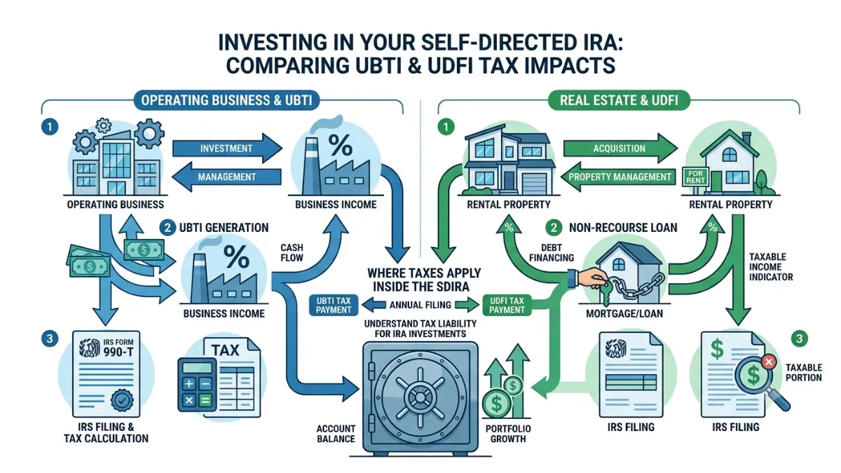 Detailed self-directed IRA vector illustration explaining UBTI, UDFI, Form 990-T, and taxable income inside retirement accounts