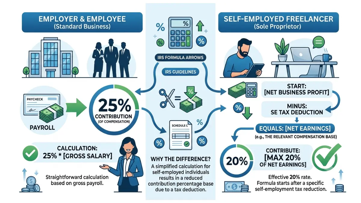 SEP IRA 20% vs 25% contribution calculation vector illustration comparing employer contribution percentage with the self-employed calculation method using Schedule C income and IRS formulas on a pure white background.
