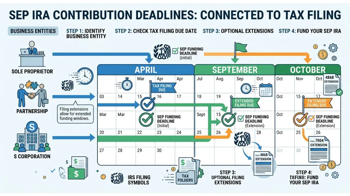 SEP IRA contribution deadline vector illustration showing tax filing deadlines, extension dates, business entity timelines, IRS calendar reminders, and contribution deadlines on a pure white background.