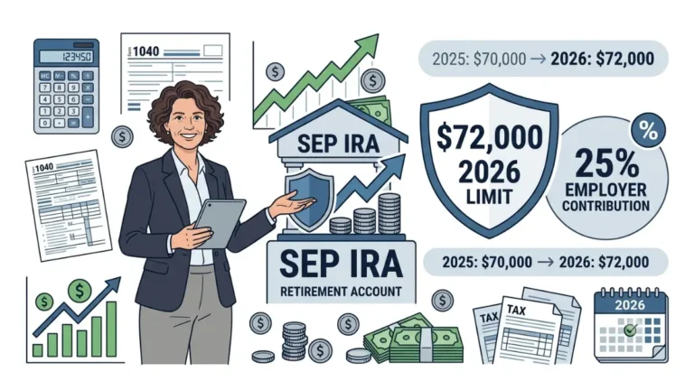 SEP IRA contribution limits 2026 vector illustration showing the $72,000 annual contribution limit, 25% employer contribution rule, IRS tax documents, retirement savings icons, and self-employed business owner on a pure white background.