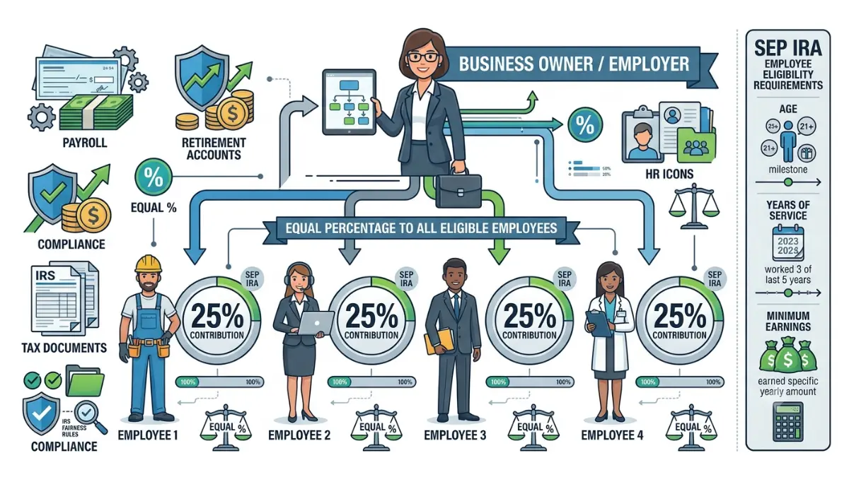 SEP IRA employee contribution rules vector illustration showing equal employer contribution percentages, employee eligibility requirements, payroll icons, and IRS compliance on a pure white background.