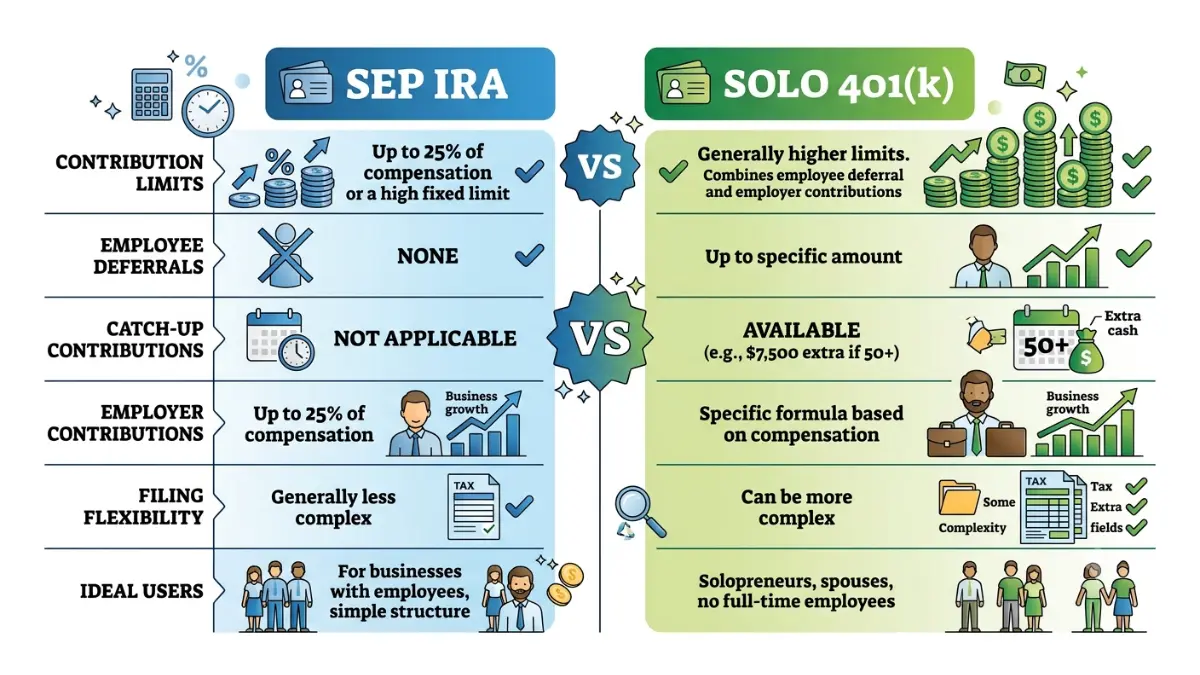 SEP IRA vs Solo 401(k) comparison vector illustration highlighting contribution limits, employee deferrals, catch-up contributions, tax advantages, and retirement plan differences on a pure white background.