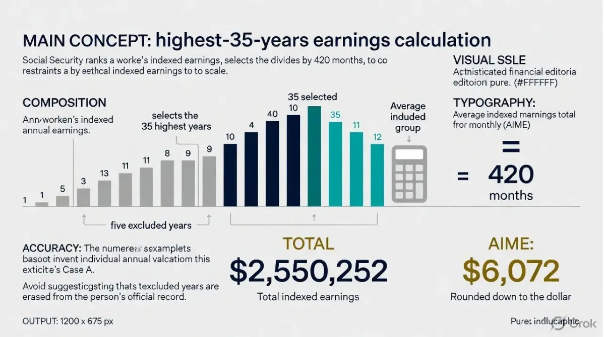 Social Security highest 35 years illustration showing selected indexed earnings, five lower excluded years, and the AIME calculation using 420 months.