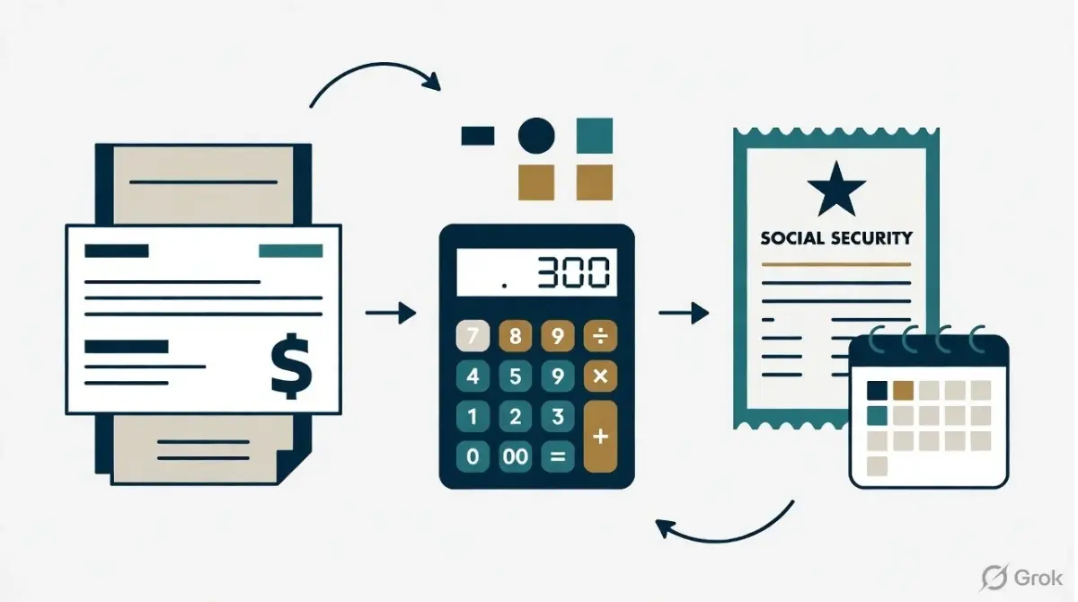 Social Security benefit calculation illustrated with a paycheck, calculator, earnings records, and a monthly retirement check.