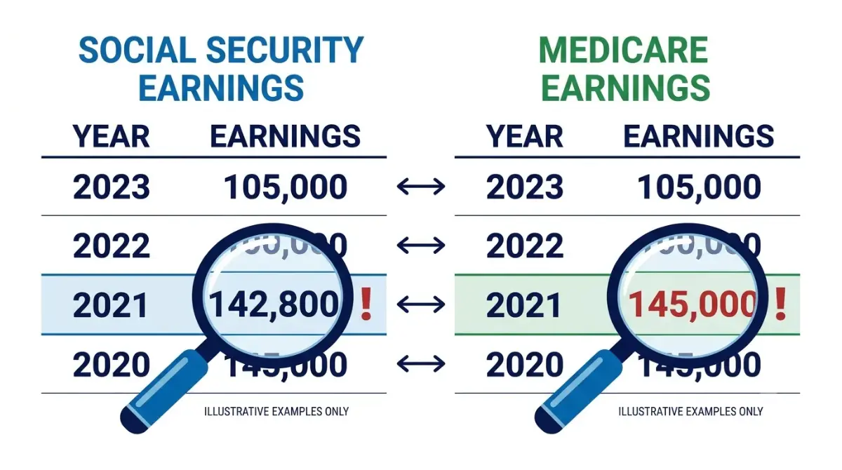 Social Security statement earnings comparison showing Social Security and Medicare wage columns with a magnifying glass.