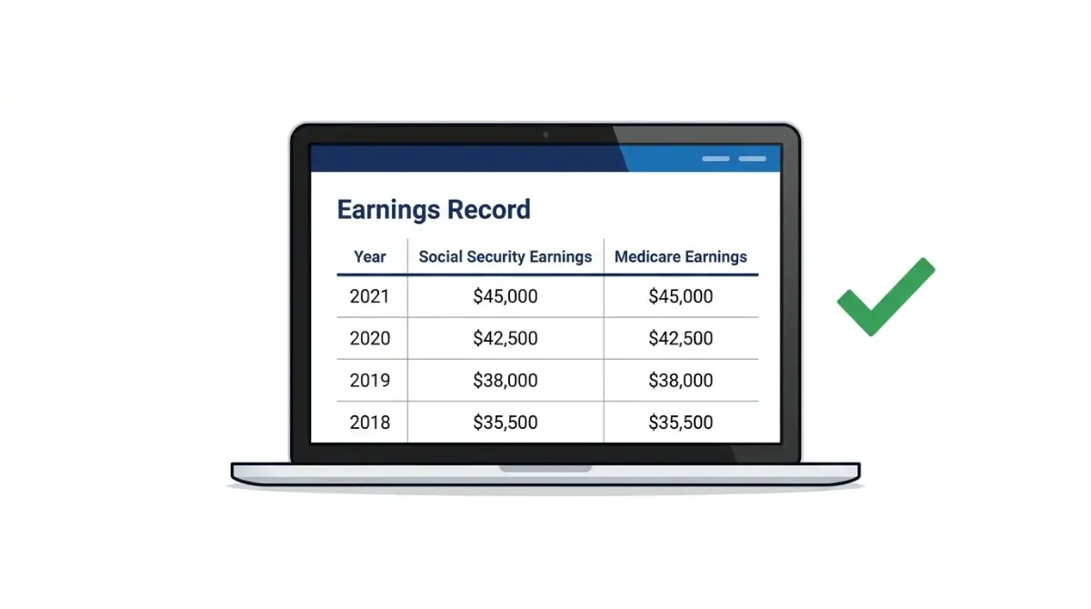 Social Security statement and online earnings record displayed on a laptop with a green checkmark.